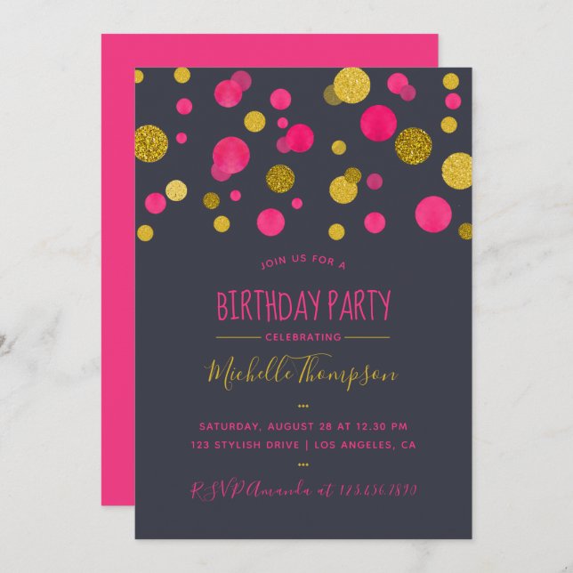 Pink and Gold Glitter Confetti Birthday Party Invitation (Front/Back)