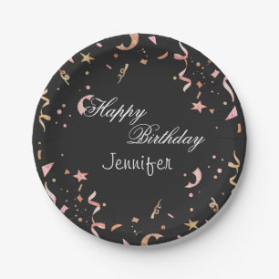 Pink and Gold Glitter Confetti on Black Background Paper Plate
