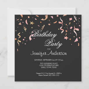 Pink and Gold Glitter Confetti on Black Invitation