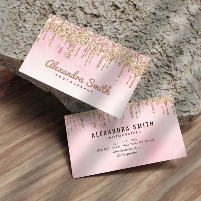 pink and gold glitter drip script photography business card (Creator Uploaded)