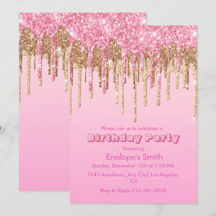Pink and Gold Glitter Drips Birthday  Invitation