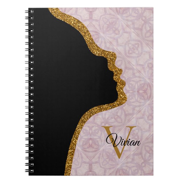 Pink And Gold Glitter Face Monogram Name Notebook (Front)