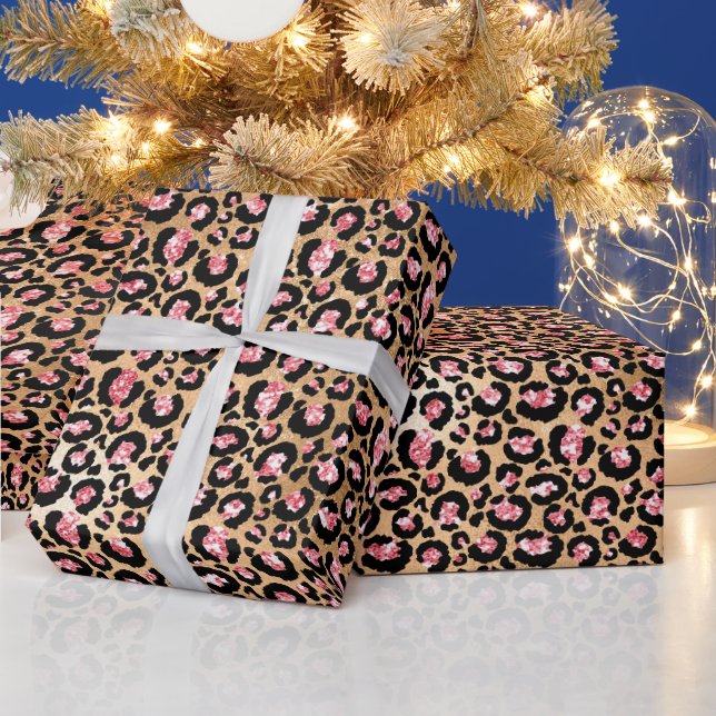Pink and Gold Glitter Glam Leopard Spots Pattern Wrapping Paper (Holidays)
