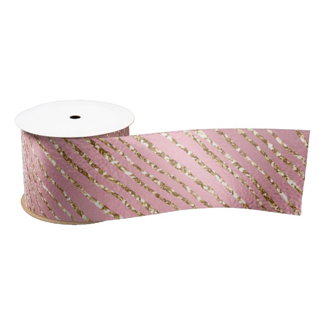 Pink and Gold Glitter Glam Stripes Pattern Satin Ribbon (Spool)