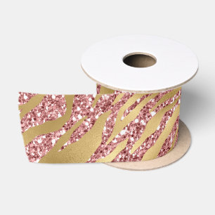 Pink and Gold Glitter Glam Tiger Stripes Pattern Satin Ribbon