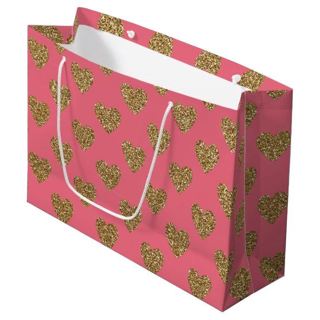 Pink and Gold Glitter Hearts Pattern Large Gift Bag (Front Angled)