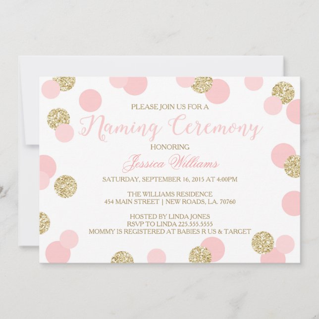 Pink and Gold Glitter Naming Ceremony Invites (Front)
