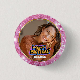 Pink and Gold Glitter Photo Name 16th Birthday 3 Cm Round Badge