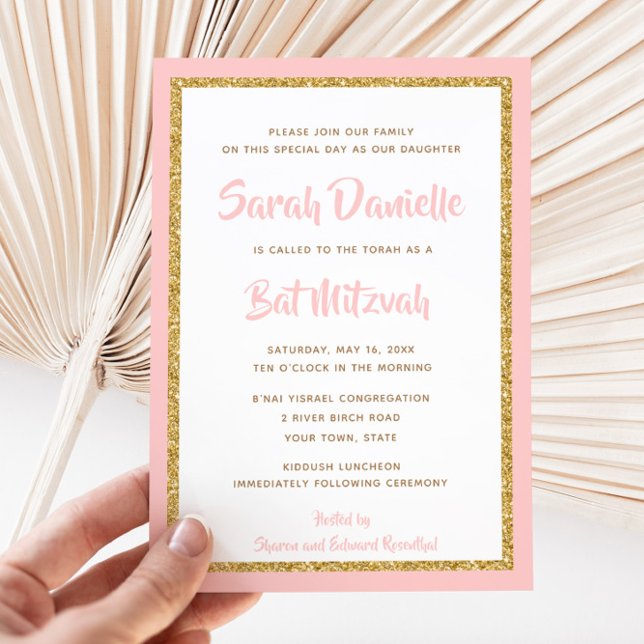 Pink and Gold Glitter Rectangle Bat Mitzvah Invitation (Creator Uploaded)