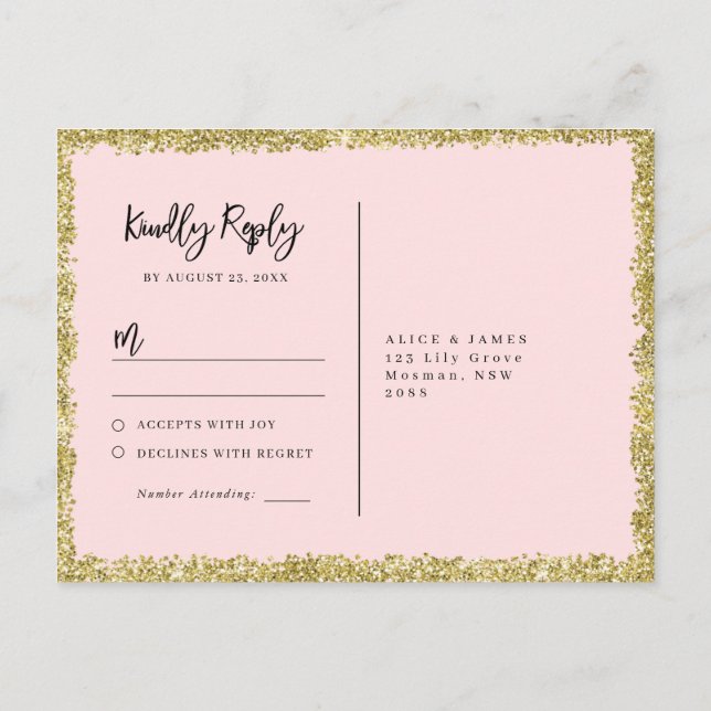 Pink and Gold Glitter RSVP Postcard (Back)