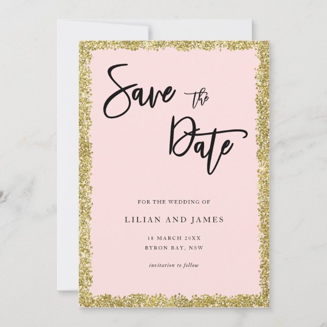 Pink and Gold Glitter Save the date Invitation (Front)