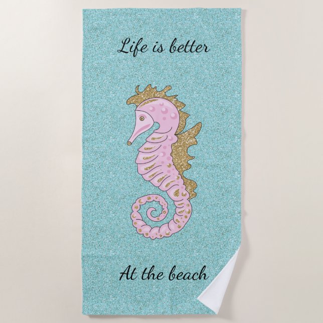 Pink and Gold Glitter Seahorse Beach Towel (Front)