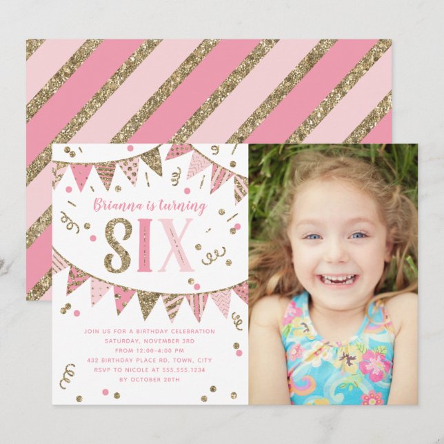 Pink and Gold Glitter Sixth Birthday Party Photo Invitation (Front/Back)