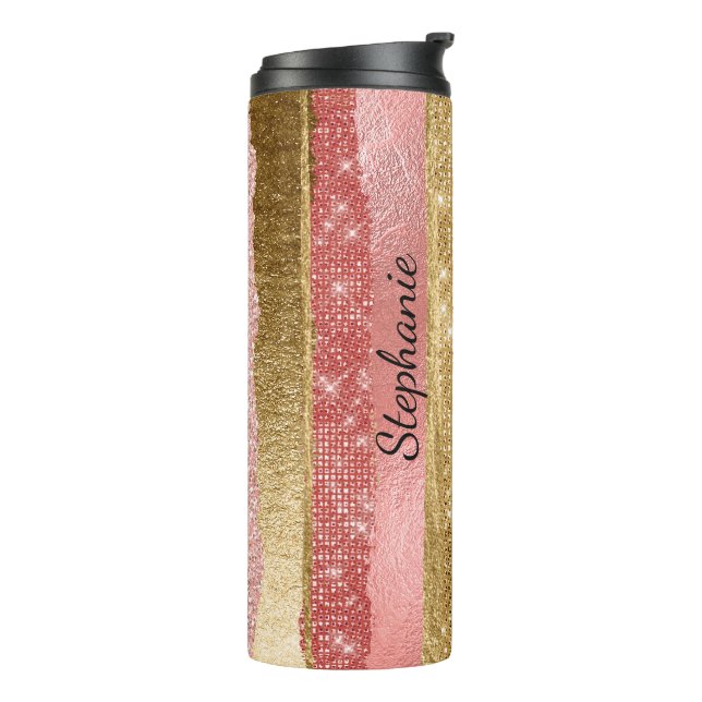 Pink and Gold Glitter Stripes Thermal Tumbler (Rotated Left)