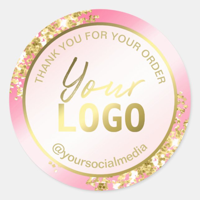 Pink And Gold Glitter Thank You Package Classic Round Sticker (Front)