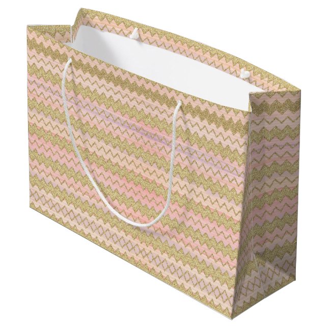Pink and Gold Glitter Wavy Stripes Large Gift Bag (Back Angled)