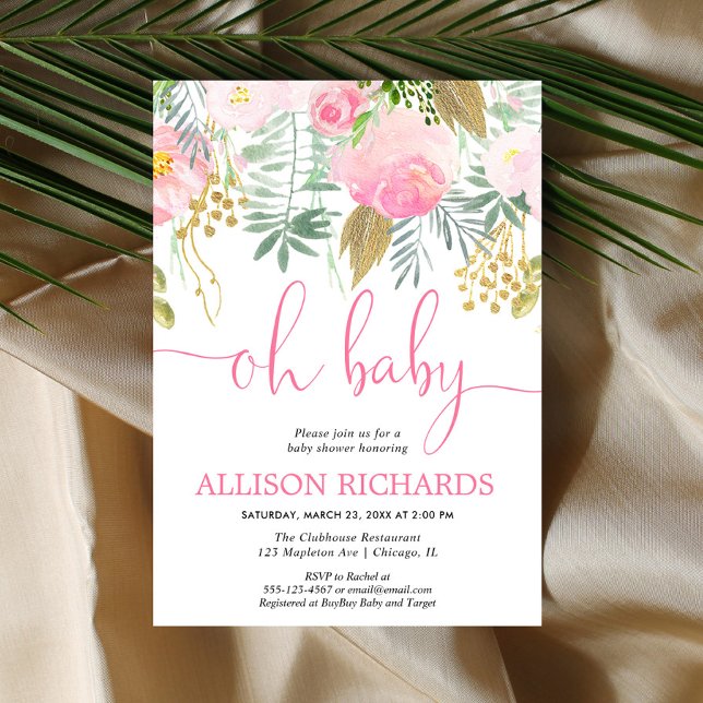 Pink and gold greenery floral girl baby shower invitation (Creator Uploaded)