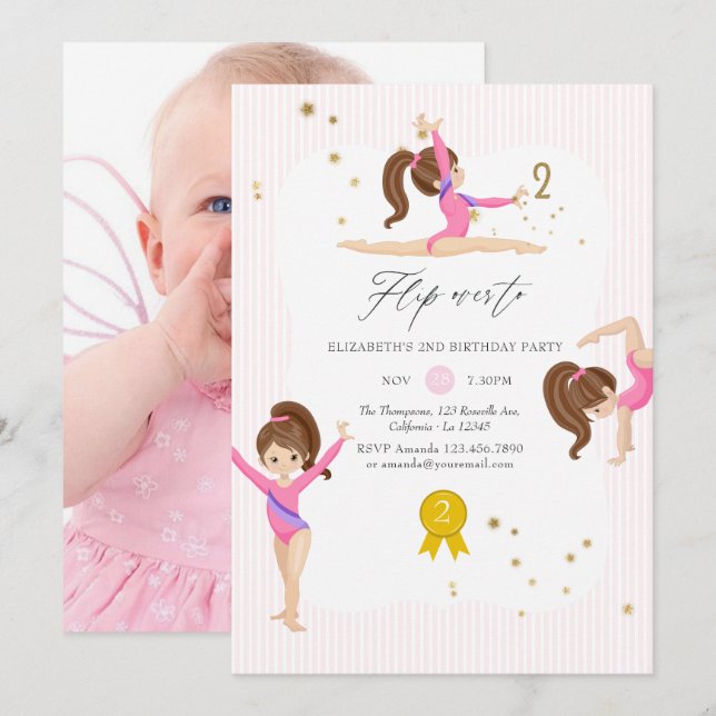 Pink and Gold Gymnastics 2nd Birthday Party Photo Invitation (Front/Back)