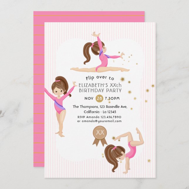 Pink and Gold Gymnastics Birthday Party Invitation (Front/Back)