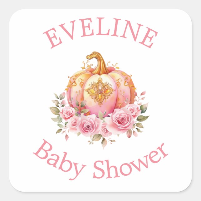 Pink and Gold Halloween Little Pumpkin Baby Shower Square Sticker (Front)