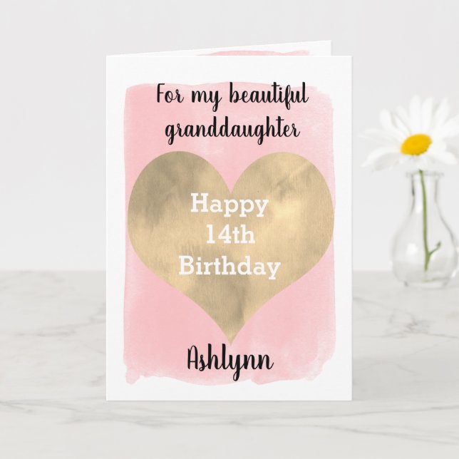 Pink and Gold Happy 14th Birthday Granddaughter Card (Small Plant)