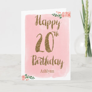 Pink and Gold Happy 20th Birthday Card