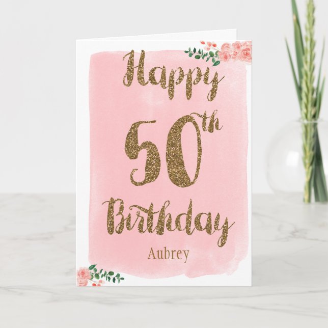 Pink and Gold Happy 50th Birthday Card (Front)