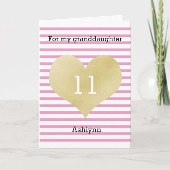 Pink and Gold Heart 11th Birthday Granddaughter Card (Front)