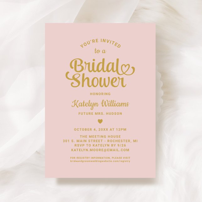 Pink and Gold Heart Script Wedding Bridal Shower Invitation (Creator Uploaded)