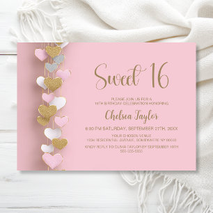 Pink and Gold Heart Theme Sweet 16 Birthday Invitation