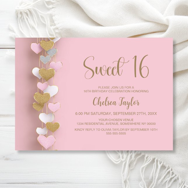 Pink and Gold Heart Theme Sweet 16 Birthday Invitation (Creator Uploaded)
