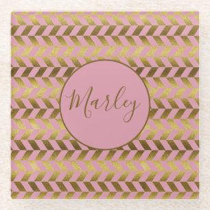 Pink and Gold Herringbone Personalised Glass Coaster