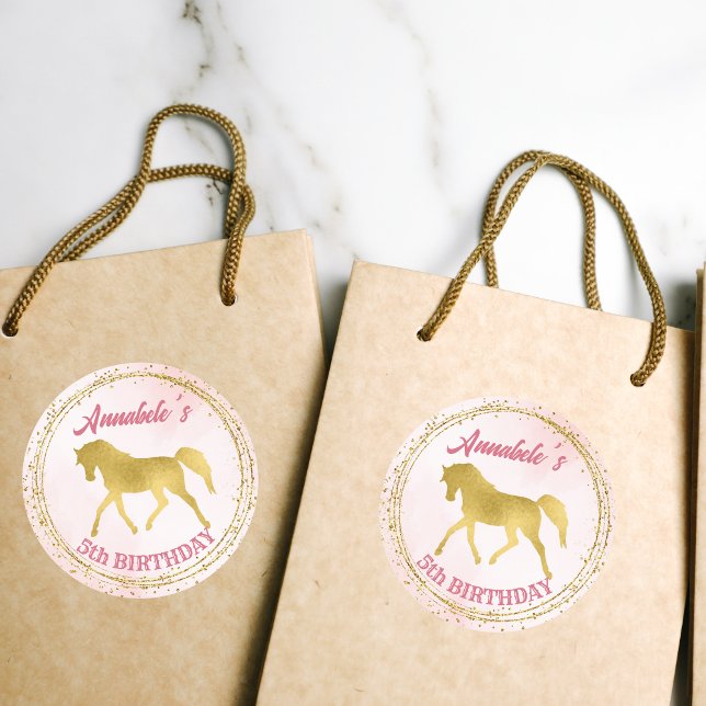 Pink and gold horse birthday party classic round sticker (Creator Uploaded)