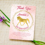 Pink and gold horse equestrian birthday custom thank you card<br><div class="desc">Pink and gold horse birthday party thank you cards with golden horse,  gold circle,  pink background.</div>