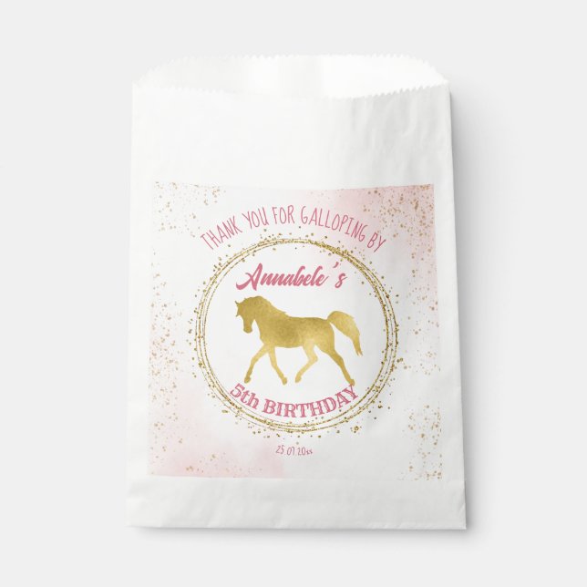 Pink and gold horse equestrian birthday thank you favour bags (Front)