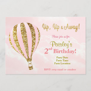 Pink and gold hot air balloon birthday invitation