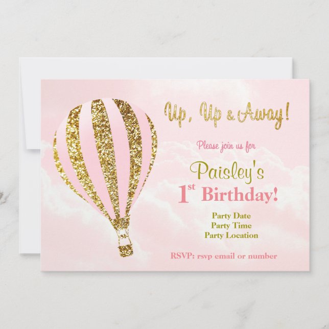 Pink and gold hot air balloon birthday invitations (Front)