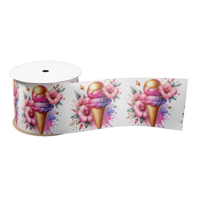 Pink and Gold Ice Cream Golden Birthday Satin Ribbon (Spool)