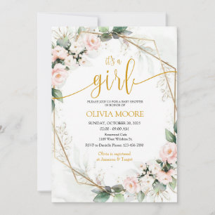 Pink and Gold Its A Girl Floral Baby Shower Invitation