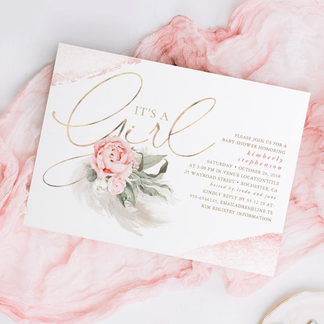 Pink and Gold Its A Girl Floral Boho Baby Shower Invitation (Creator Uploaded)