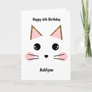 Pink and Gold Kitty Cat 6th Birthday Card