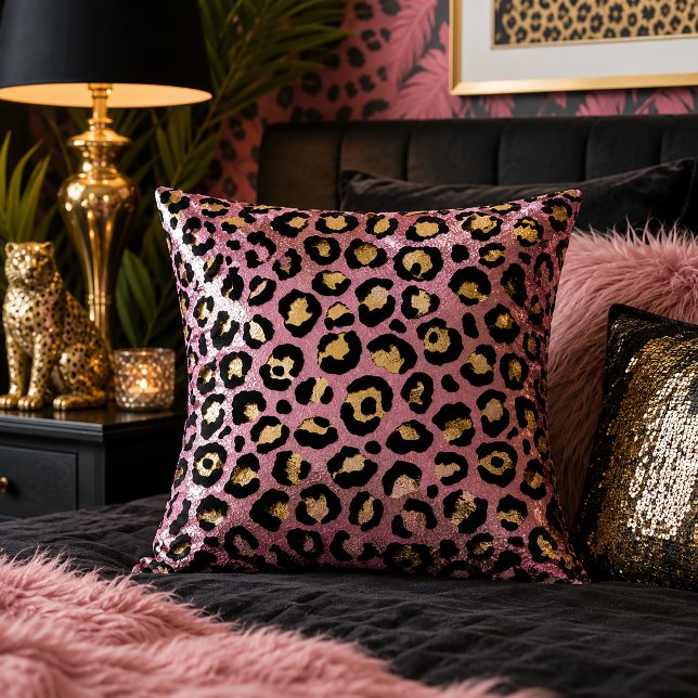 Pink and Gold Leopard Print Animal Pattern Cushion (Creator Uploaded)