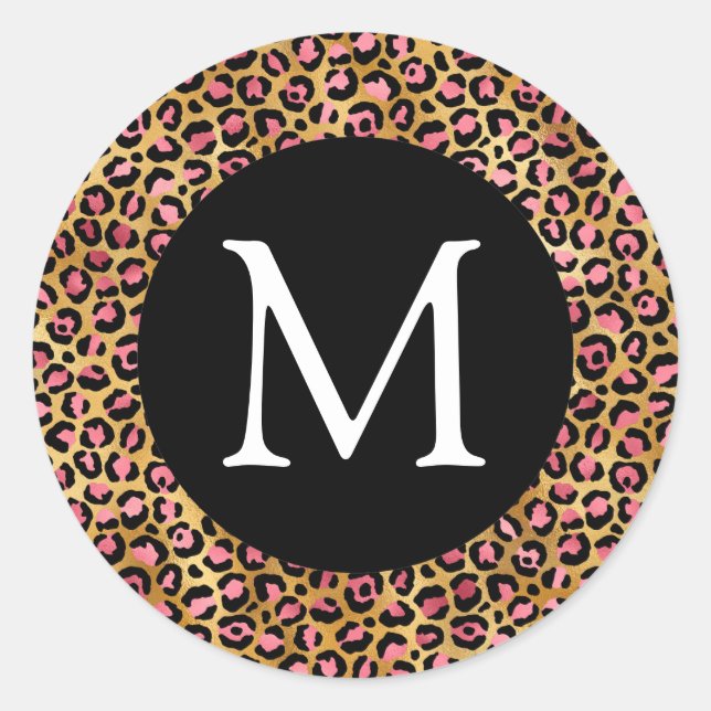 Pink and Gold Leopard Print Monogram Classic Round Sticker (Front)