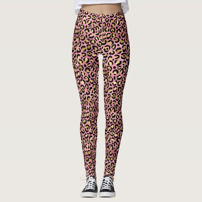 Pink and Gold Leopard Print Pattern Leggings (Front)