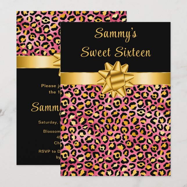 Pink and Gold Leopard Print Sweet Sixteen Invitation (Front/Back)