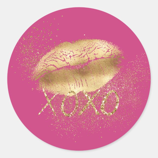 Pink and Gold Lips Kiss Gold Glitter XOXO Classic Round Sticker (Front)