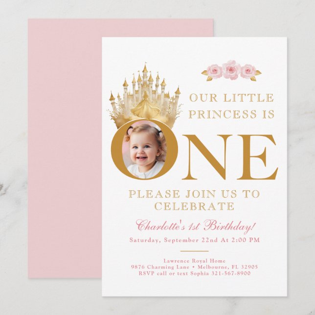 Pink and Gold Little Princess 1st Birthday Photo  Invitation (Front/Back)