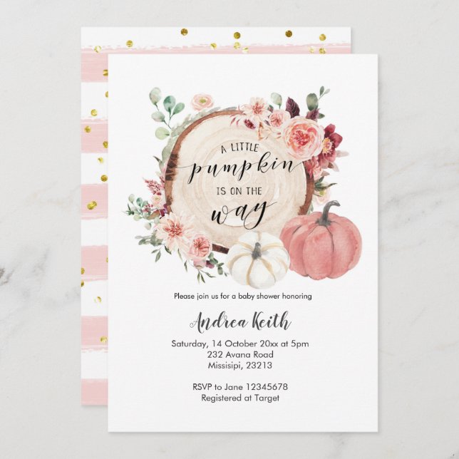 pink and gold little pumpkin is on the way invitation (Front/Back)