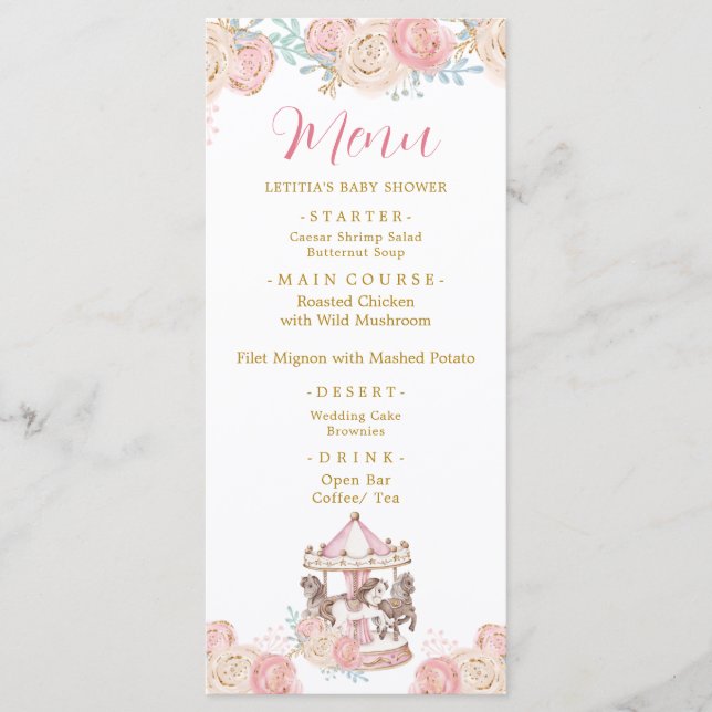 Pink and Gold Magical Carousel Baby Shower Menu (Front)