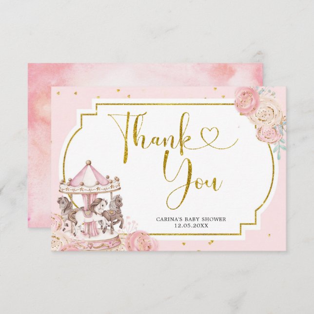 Pink and Gold Magical Carousel Thank You Card (Front/Back)